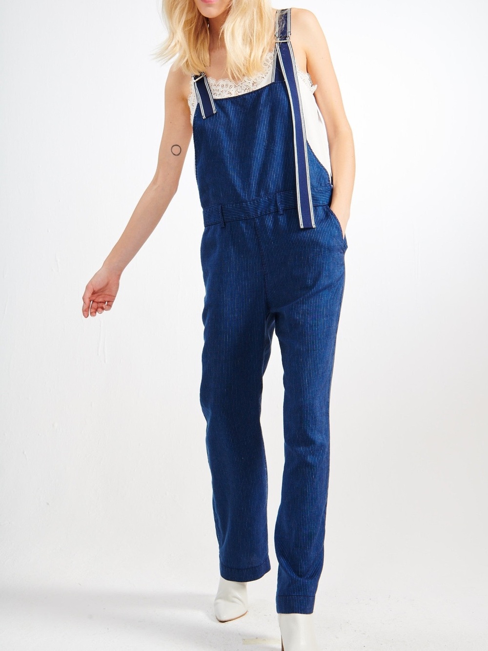 Cop.Copine Tirawa Striped Linen Blend Overalls in Blue Size Small (FR 36)